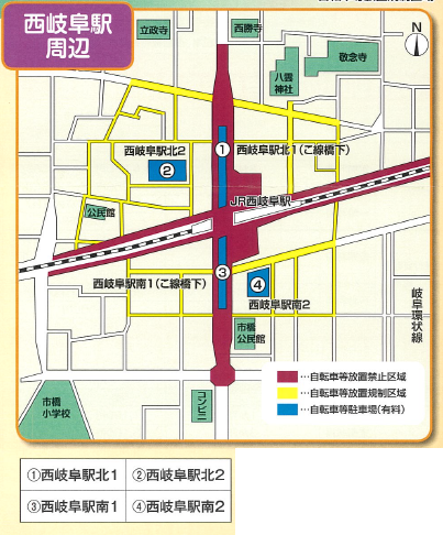 地図：西岐阜駅周辺自転車等放置禁止・規制区域