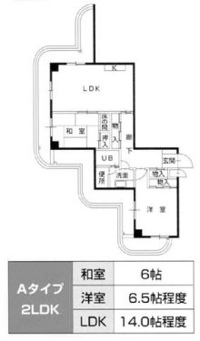 イラスト：特別市営住宅　間取り図　Aタイプ　2LDK　和室6帖・洋室6.5帖程度・LDK14.0帖程度
