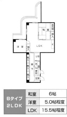 イラスト：特別市営住宅　間取り図　Bタイプ　2LDK　和室6帖・洋室5.0帖程度・LDK15.5帖程度