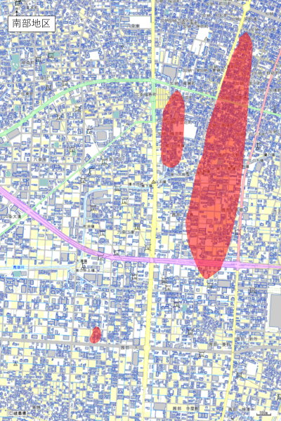 地図：南部地区における汚染範囲