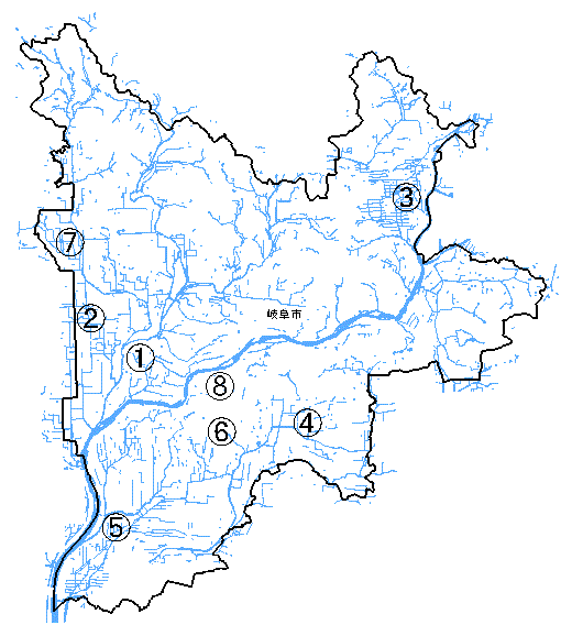 イラスト：市内8箇所の地下水位観測所の位置図