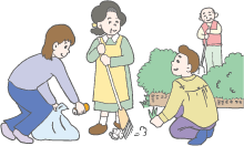 イラスト：男女とも参加している清掃活動