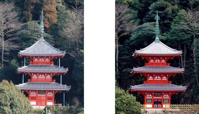 写真:修復前後の三重塔