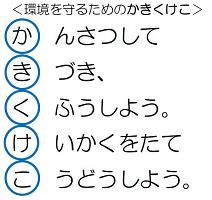 環境を守るためのかきくけこ　かんさつして　きづき、　くふうしよう。　けいかくをたて　こうどうしよう。