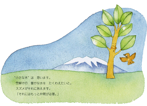イラスト：“小さな木”は思います。雪解けの豊かな水をたくわえたいと。スズメがそれに答えます。「それにはもっと仲間が必要。」