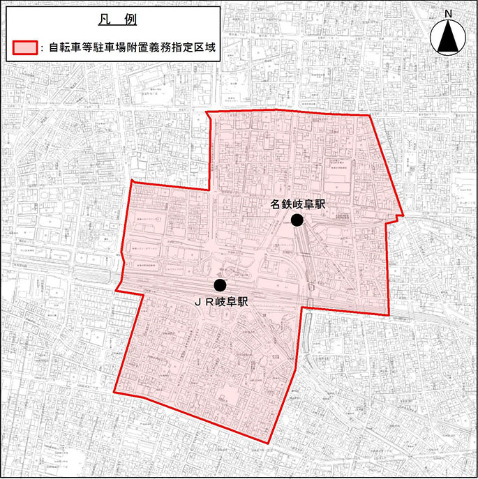 地図：自転車等駐車場附置義務指定区域