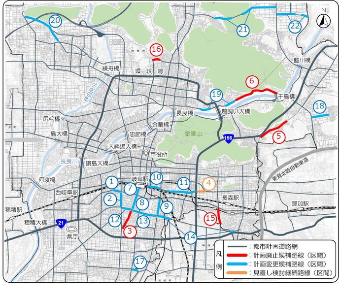 地図：岐阜市内第2次都市計画道路見直し候補路線