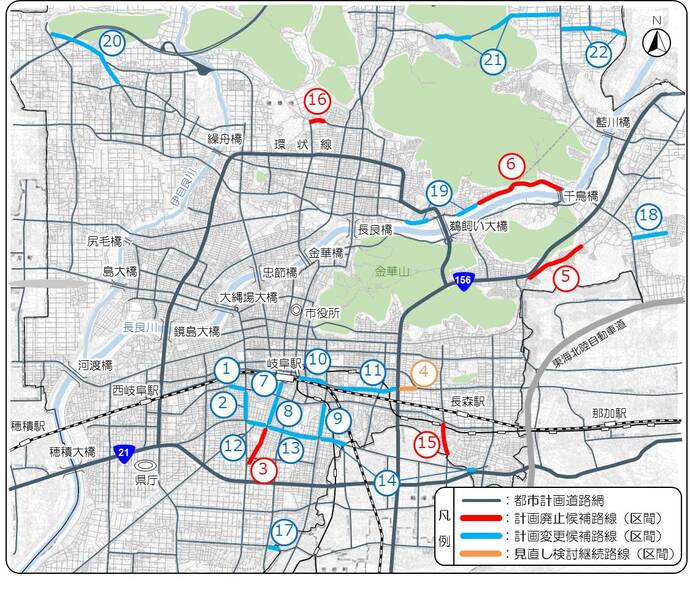 地図:岐阜市内第2次都市計画道路見直し候補路線