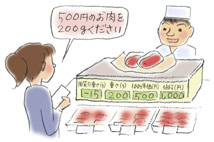 イラスト：お肉を買っている消費者　500円のお肉を200グラムください。