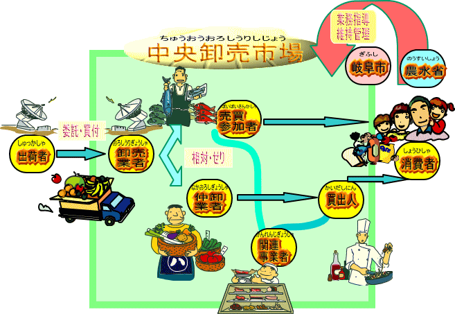 生鮮食料品等が消費者である皆さんに届くまでの経路の画像。出荷者から卸売業者、卸売業者から仲卸業者もしくは売買参加者、そこから飲食店や消費者に届けられる。