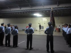 第73回岐阜県消防操法大会出場分団激励会に出席し、あいさつ（JAぎふ方県カントリーエレベーター）の様子