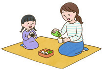 イラスト：お弁当を食べる母子