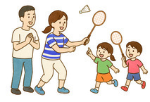 イラスト：バドミントンをする家族