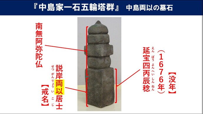 『中島家一石五輪塔群』のうち、中島両以の墓石の説明画像