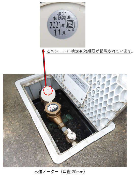 水道メーターの蓋に検定有効期限のシールが付いている様子