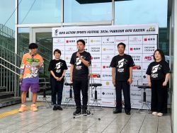 ぎふアクションスポーツフェスティバル2026開会式に出席し、あいさつ(みんなの森 ぎふメディアコスモス)