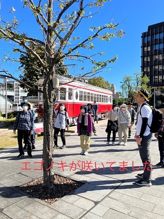 駅前の丸窓電車