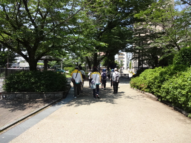 参加者が木陰を歩いている様子