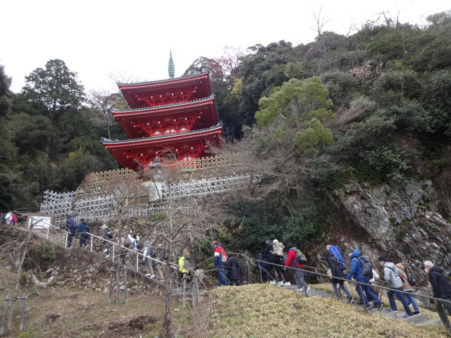 三重塔に向かって歩いている